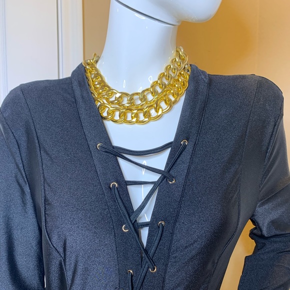 Black Dress with Criss Cross Ties Lycra Large - Picture 3 of 9